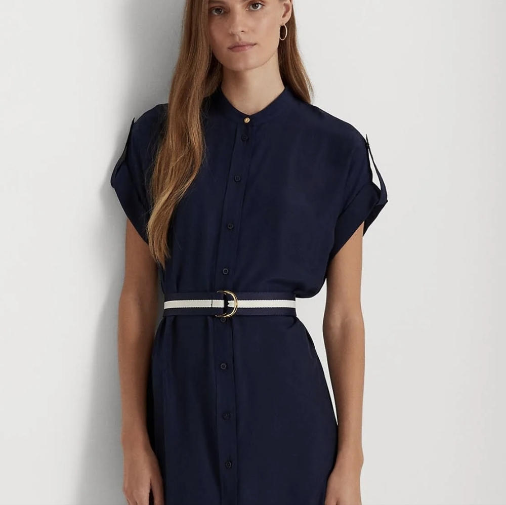 Lauren Ralph Lauren | Navy Crepe Belted Shirtdress Size 16 Nautical Silky
